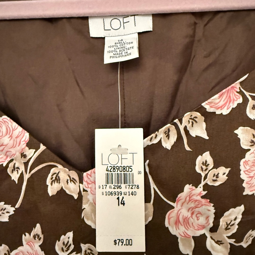 LOFT Brown Dress with Pink Floral Design New with Tags - Size 14 - Picture 2 of 2